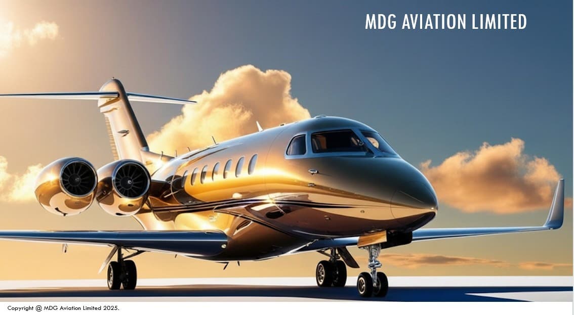 MDG Aviation — luxury private jet on runway at golden hour